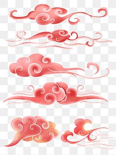 red watercolor clouds and swirls on a white background, cloud, cartoon, pink png and psd