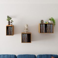 three wooden shelves with various records on them and a blue couch in the foreground