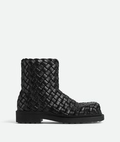 "Find BOTTEGA VENETA Ben Ankle Boot on Editorialist. Intreccio leather ankle boot. Insole with high frequency Intreccio pattern. Unlined. Color: Black. Lugged rubber outsole. Flatform: 4 cm | 1.6\". Lambskin." Designer Ankle Platform Boots With Leather Sole, Fall Boots With Woven Leather And Round Toe, Fall Woven Leather Boots With Round Toe, Fall Boots With Woven Leather, Designer Ankle Boots Medium Fit, Designer Medium Fit Ankle Boots, Bottega Veneta Boots, Black Boots Men, Black Shoes Men