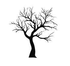 a black and white silhouette of a bare tree with no leaves on it, against a white background