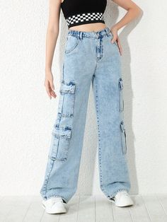 Details:Button \nFit Type:Loose \nDetails:Pocket \nDetails:Zipper \nClosure Type:Zipper Fly \nColor:Light Wash \nPattern Type:Plain \nType:Wide Leg \nWaist Line:Natural \nLength:Long \nFabric:Non-Stretch \nMaterial:Denim \nComposition:100% Cotton \nCare Instructions:Machine wash, do not dry clean \nPockets:Yes \nBody:Unlined \nSheer:No \n Summer Teen, Jeans Cargo, Tween Outfits, Jeans Kids, Girls Denim, Cargo Jeans, Light Wash Denim, Teen Fashion Outfits