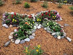 flowers are arranged in the shape of a butterfly on top of some rocks and mulch