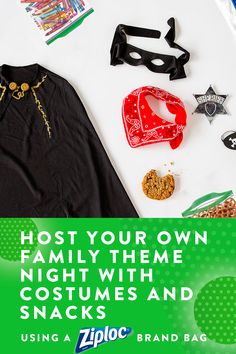 an assortment of halloween costumes and snacks on a white surface with text reading host your own family theme night with costumes and snacks using zip