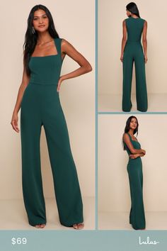 With a chic blazer, leather jacket, or coat, there's no end to how you could style the Lulus Enticing Endeavors Emerald Green Jumpsuit! This sleeveless jumpsuit is made from lightly textured crepe knit with a squared-off neckline, and seamed bodice. High-waisted pant legs fall to a classic wide cut. Hidden back zipper. Fit: This garment fits true to size. Length: Floor length. Size medium measures 61.75" from shoulder to hem. Inseam: 33.50 Front Rise: 14.25 Bust: Great for any cup size. Waist: F Formal Jumpsuits And Rompers For Fall, Elegant Green Strapless Jumpsuit For Night Out, Elegant Evening Jumpsuits And Rompers For Fall, Elegant Jumpsuits And Rompers For Evening In Fall, Chic Formal Jumpsuits And Rompers For Fall, Chic Strapless Jumpsuit For Spring Formal, Elegant Jumpsuit For Date Night In Fall, Elegant Jumpsuits And Rompers For Fall Date Night, Elegant Fall Jumpsuits And Rompers For Date Night