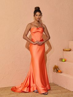 Meris Spaghetti Satin Maxi Dress In Orange Gold Evening Dresses, Night Club Dress, Cocktail Dress Prom, Elegant Maxi Dress, Black Prom Dress, Sequin Maxi Dress, Split Maxi Dress, Jumpsuits And Romper, Feather Dress