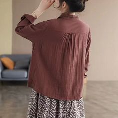 Details: Gender: Women Item Type: Blouse Material: Cotton Linen Pattern Type: Pleated Season: Spring, Autumn Style: Leisure, Daily, Retro Occasion: Going Out, Daily Size: M Length: 59.00 cm/ 23.23 " Bust: 106.00 cm/ 41.73 " Shoulder: 38.00 cm/ 14.96 " Sleeve: 56.00 cm/ 22.05 " Size: L Length: 60.00 cm/ 23.62 " Bust: 110.00 cm/ 43.31 " Shoulder: 39.00 cm/ 15.35 " Sleeve: 57.00 cm/ 22.44 " Size: XL Length: 61.00 cm/ 24.02 " Bust: 114.00 cm/ 44.88 " Shoulder: 40.00 cm/ 15.75 " Sleeve: 58.00 cm/ 22. Red Relaxed Fit Long Sleeve Blouse, Brown Long Sleeve Solid Color Blouse, Brown Long Sleeve Solid Blouse, Daywear Solid Color Blouse, Cotton Blouse With Relaxed Fit In Solid Color, Casual Non-stretch Button-up Top, Casual Solid Non-stretch Shirt, Casual Non-stretch Shirt, Brown Cotton V-neck Shirt