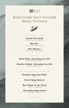 an advertisement for the bodyweight surf strength home workout program, featuring images of surfers and waves