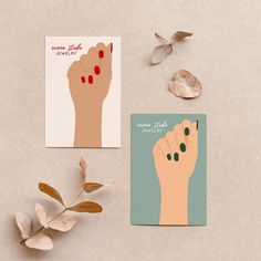 two greeting cards, one with a hand and the other with nail polish on it