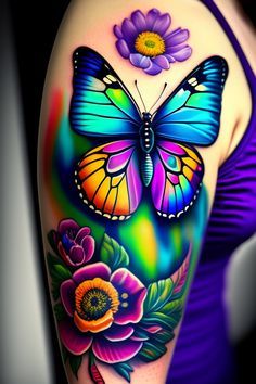 a colorful butterfly with flowers on her arm