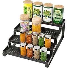 spice rack with spices and seasonings on it