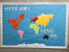 a bulletin board with the words here am i send me in different colors and shapes