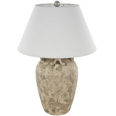 a table lamp with a white shade on it's base and a silver ball at the top