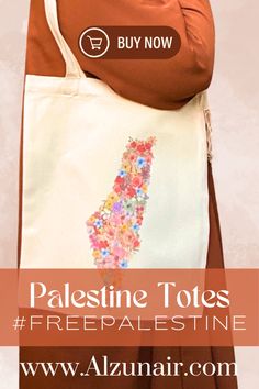 a woman is holding a tote bag with flowers on it and the words, palesti