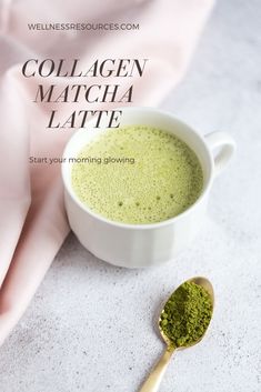 a cup of matcha latte next to a spoon on a pink cloth with the title collagen matcha latte