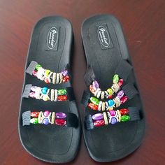 Nwot Bejeweled And Bedazzled Multi-Colored Beads Adorn These Super Comfy Slides. Sandals Have Never Been Worn! Wear With A Casual Or Dressy Outfit. 1" Heel With Arch Support. Size 9, But I Normally Wear An 8 And They Fit Perfectly. Make Me An Offer! Multicolor Rhinestone Beach Sandals, Shoes Beaded, Comfy Slides, Dressy Outfit, Beaded Sandals, Slides Sandals, Dressy Outfits, Arch Support, Green And Purple