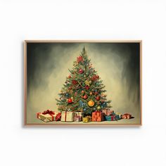 a painting of a christmas tree with presents under it on a white wall next to a wooden frame