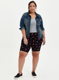 Our bike shorts have a thick waistband to hold you in and smooth you out, while the refreshing new length is short enough to be worn under your favorite dresses. Stretch knit fabric. High waist. Thick stretchy waistband. Watermelon print. Prevents leg chaffing. CONTENT + CARE Cotton/spandex. Wash cold; dry low. Imported plus size leggings. SIZE + FIT Model is 5’8” wearing size 1. . 9” inseam. The best plus size women's 9 inch signature waist bike short shorts in watermelon made of premium. Rock your look from Torrid to Festivals like Coachella and Lollapalooza, a concert, a show, or just for fun! Faux Turtleneck, Watermelon Print, Warm Leggings, Velvet Shorts, Legging Fits, Plus Size Leggings, Under Dress, Pocket Leggings, Knee Dress