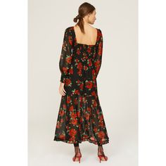 Black floral chiffon (100% Viscose). Hourglass. Long sleeves. Square neck. Pull on. 53" from shoulder to hemline. Imported. Airy Dress, Poppy Design, Rent The Runway, Closet Designs, Floral Chiffon, Red Poppies, Square Neck, Black Floral, Chiffon