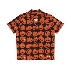 Style: short sleeve Hawaiian, bowling style shirt Design: David S Pumpkins Inspired Jack o' Lantern Pumpkin Print Colors: Orange, Black Boxy fit, notch lapel collar, chest pocket.  95% poly/5% spandex. For an extra roomy fit, we recommend ordering one size up. Free Shipping.  Size guide and care instructions are in photos. Generally ships within 2-5 business days but does have a slightly longer shipping time. We cannot guarantee a delivery date. This shirt is made on demand. By ordering this shi Novelty Black Short Sleeve Shirt, Black Short Sleeve Shirt For Halloween, Black Short Sleeve Spooky Shirt, Spooky Black Short Sleeve Shirt, Novelty Short Sleeve Shirt For Halloween, Halloween Novelty Short Sleeve Shirt, Retro Halloween Short Sleeve Tops, Casual Short Sleeve Shirt For Halloween, Spooky Short Sleeve Orange Shirt