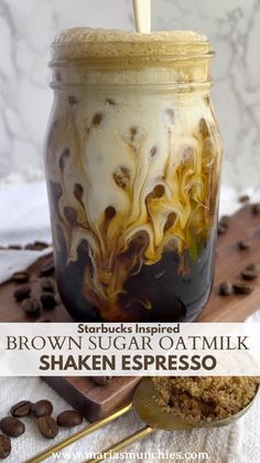 brown sugar oatmilk shaker espresso in a jar with spoon