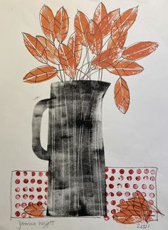 a drawing of a vase with leaves in it