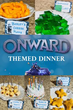 the cover of onward themed dinner is displayed on a table with plates and cups filled with desserts