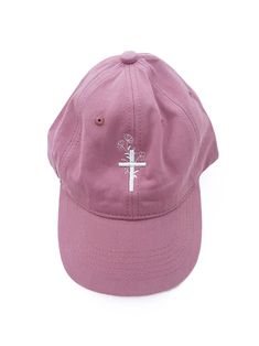 Gardens Cross Baseball HatYou turn graves into Gardens. -100% Cotton-Muted Magenta in color-One size fits most, standard baseball hat-Measures 6inches from top to bottom-Gold clasp for adjusting-White Embroidered Cross with Garden Florals Care:-Machine washable on delicate cycle and/or with garment bag-Wash colors separately-Hang dry-Do not twist/wring-Do not iron decorated area-Do not dry clean Adjustable Curved Brim Snapback Hat For Baseball Season, Adjustable Snapback Hat With Curved Brim For Baseball Season, Curved Brim Hats For Baseball Season, Adjustable Fit Cap For Baseball Season, Adjustable Flat Brim Hat For Baseball Season, Spring Outdoor Dad Hat Six-panel, Spring Outdoor Six-panel Dad Hat, Adjustable Six-panel Fitted Hat For Baseball Season, Adjustable Six-panel Hat For Baseball Season