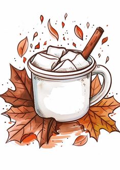 an illustration of a cup of hot chocolate with cinnamon and leaves