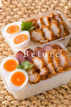 two plastic containers filled with food on top of a woven tablecloth covered placemat