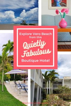 an advertisement for a hotel with pink flowers and palm trees in front of the beach