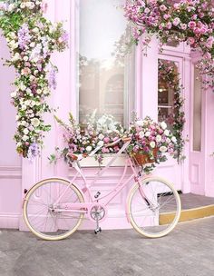 a pink bicycle parked in front of a store with flowers on the window sill