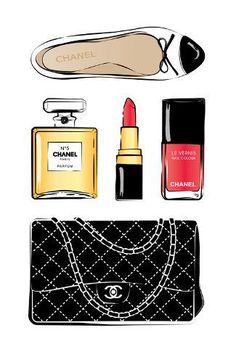 size: 18x12in Art Print: Style II by Martina Pavlova : Chanel Decoration, Chanel Illustration, Chanel N 5, Chanel Cosmetics, Chanel Party, Parfum Chanel, Chanel Art, Bag Illustration, Work Stickers