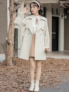 Heart Button Trench Coat (Off-White) White Trench Coat Outfit, Short Trench Coat Outfit, White Trench Coat, Button Embellishments, Trench Coat Outfit, Heart Button, White Coat