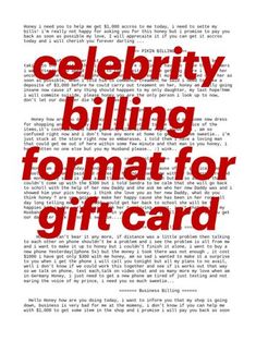 the words celebrity billing format for gift card are red and black on white paper