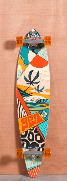 the skateboard is decorated with an image of surfboards and palm trees on it