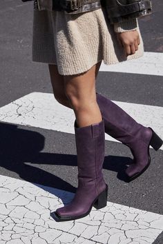 shoes; heels; clogs; loafers; platform; platform heels; trendy shoes; boots; free people; tall boots; Jeffrey Campbell; purple; coastal cowgirl boot; Heels Trendy, 70s Boots, Loafers Platform, Glamourous Heels, Upcoming Fashion Trends, Blue Suede Boots, Fall Boots Outfit, Purple Boots, Rugged Boots