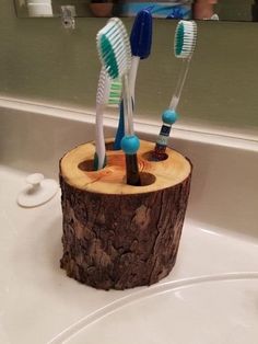 there are three toothbrushes in the holder