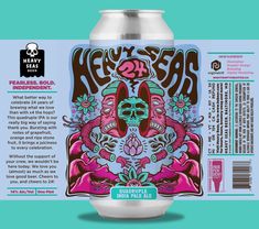 the back side of a beer can with an image of a skull and flowers on it