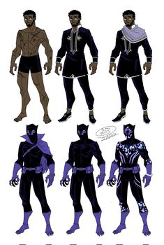 the concept art for black panther's character sheet, which includes three different poses