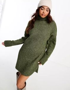 ASOS DESIGN knit sweater mini dress with high neck in khaki | ASOS Fall Khaki Mini Dress, Green Long Sleeve Mini Dress For Winter, Green Ribbed Sweater Dress For Fall, Casual Ribbed Turtleneck Mini Dress, Green Knee-length Winter Mini Dress, Green Knee-length Mini Dress For Winter, Casual High Neck Mini Dress For Winter, Green High Neck Winter Dress, Chic Green Sweater Dress For Winter