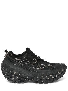 Synthetic upper. Back pull loop. Front lace-up closure. Embellished with metal studs and piercing details . Logo details. Rubber sole Balenciaga Men, Balenciaga Sneakers, Embellished Shoes, Balenciaga Black, Sneakers Grey, Black Sneakers, Sneakers Black, Mens Shoes Sneakers, Lace Front