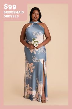 a woman in a blue dress with flowers on it and the text $ 99 bridesmaid dresses