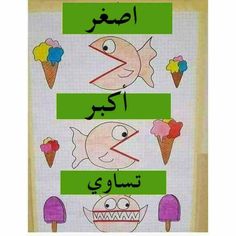 an arabic poster with ice cream cones and fish in different colors on the bottom corner