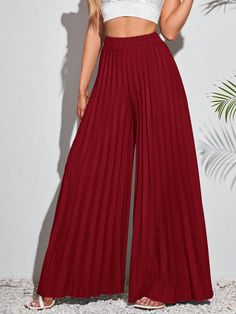 Elegant Elastic Waist Dark Green Pleated Large-Footed Extra-Long Wide-Leg Pants For Women Burgundy Casual   Woven Fabric Plain Wide Leg Non-Stretch  Women Clothing, size features are:Bust: ,Length: ,Sleeve Length: Estilo Hip Hop, Maternity Bag, Women Clothes Sale, All Fashion, Women Clothing, Womens Bottoms, Wide Leg Pants, Bordeaux, Woven Fabric