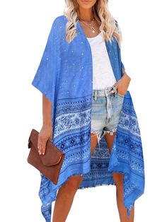 PRICES MAY VARY. This lightweight beach coverup cardigan is made of soft and breathable rayon material, keeps you cool on hot days. One size kimono fits most body shape (from XS to 3XL). Length 44 inch/112cm, width 42 inch/107cm. Loose casual fit design has a relaxed, easy feel. This blue floral/boho print kimono is flowy and airy, can be used as a casual cardigan or cover up, best match with bikini or any summer shorts. Suitable for beach, party, daily wear, swimming pool, maternity, great choi Women Shirts Blouse Casual, Women Tshirt Outfit, Casual Resort Wear, Women Shirt Designs, Women Tshirt Design, Coverup Swimsuit, Moss Rose, Women Shirt Top, Trendy Denim