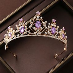 Gold Purple Tiara Crown Princess Queen Headress Jewelry Bridal Real Metal Cosplay Diadem Wedding Pageant Gift Purple Tiara, Quince Crown, Diadem Wedding, Tangled Wedding, Purple Quince, Quinceanera Jewelry, Quinceanera Tiaras, Purple Princess, Purple Crown