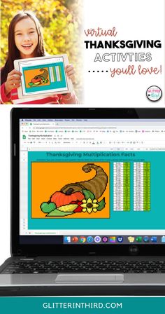 an open laptop computer sitting on top of a desk next to a poster with the words virtual thanksgiving activities you'll love