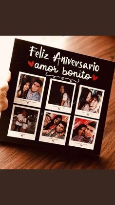 a person holding up a book with pictures on it that say, feliz aniversaro amiot bonito