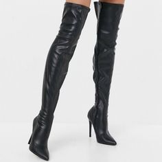 New In Box. Never Worn Black Stiletto Thigh High Boots Size 8. Matte Faux-Leather Upper Lining Sock: 50% Other Materials, 50% Textile, Sole: 100% Other Materials, Upper: 100% Other Materials. Black Patent Leather Thigh High Boots, 6 Inch High Heels, Heels Reference, How To Wear Thigh High Boots, Thigh High Leather Boots, Black Boot Heels, Scientist Costume, Thigh High Black Boots, Thigh High Heel Boots