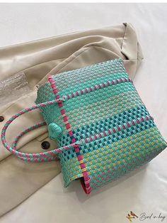 BirdinBag - Colorblock PVC Braided Beach Bag: Stylish and Durable for Ladies Vacation Bags Tote, Beach Bag, Womens Tote Bags, Baby Blue, Color Blocking, 4 Inch, Bag Lady, Braids, Buckle